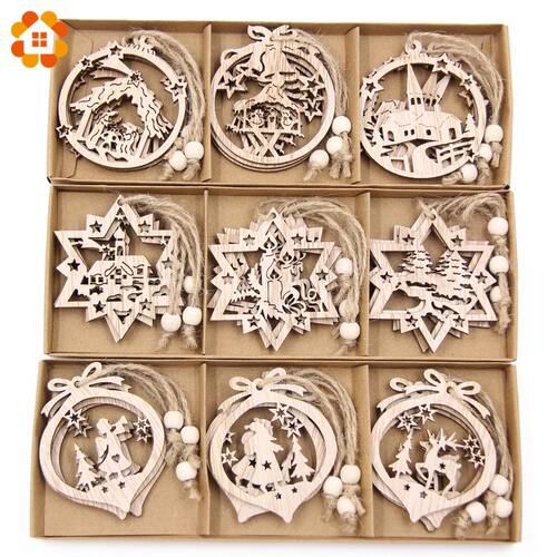 12PCS/Box Vintage Hollow Christmas Wooden Pendants Ornaments