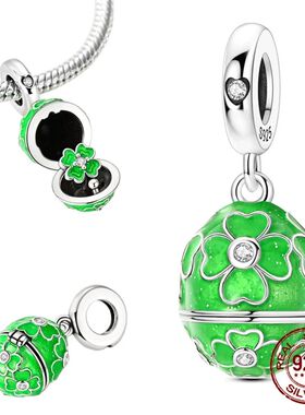 925 Sterling Silver Openable Lucky Clover Easter Egg Pendant