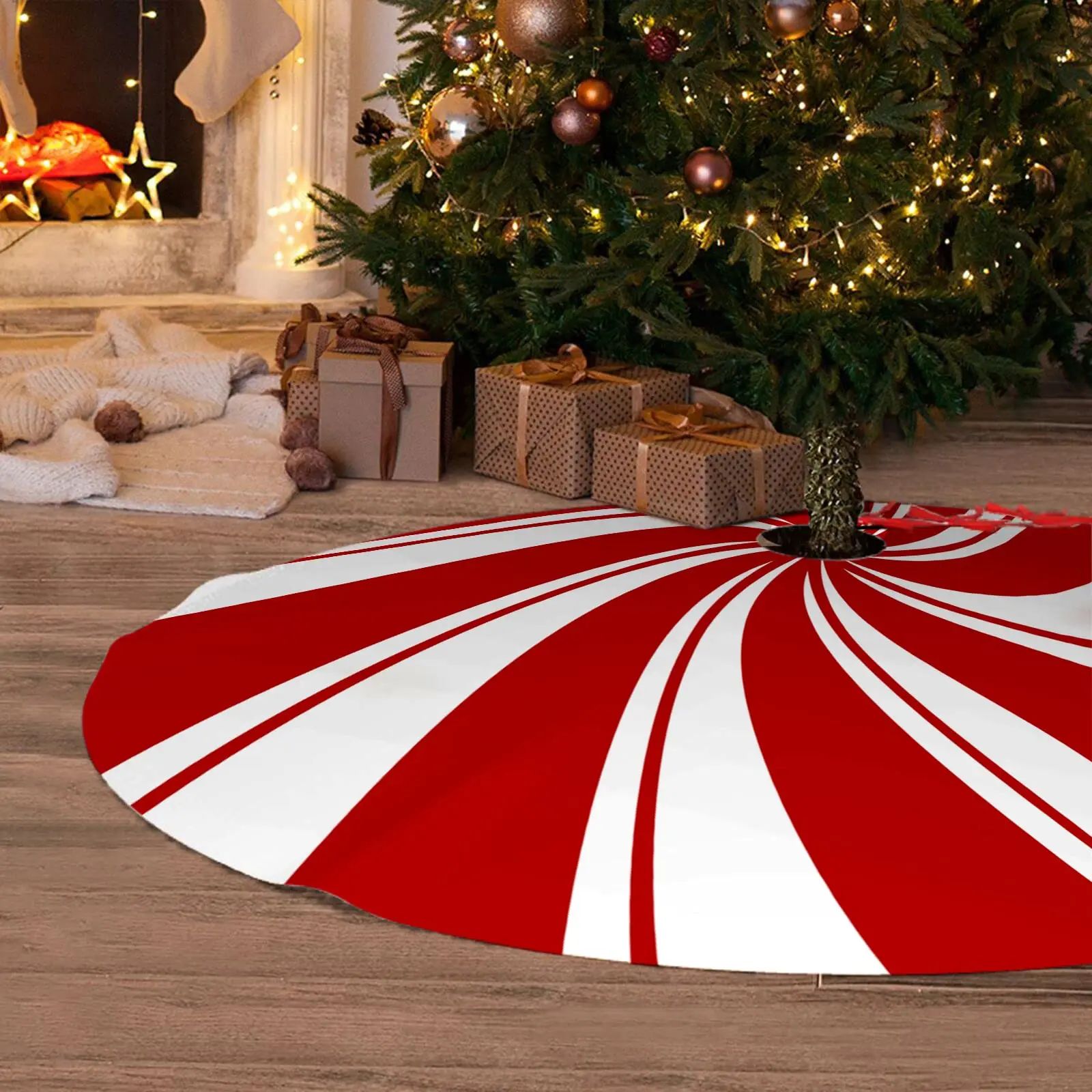 30/36/48 Inch Red Swirl Christmas Tree Skirt Sweet Candy Can