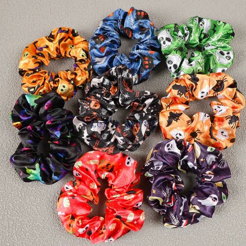 8Pcs Cartoon Ghost Pumpkin Hair Ties Skull Bat Satin Hair Ba