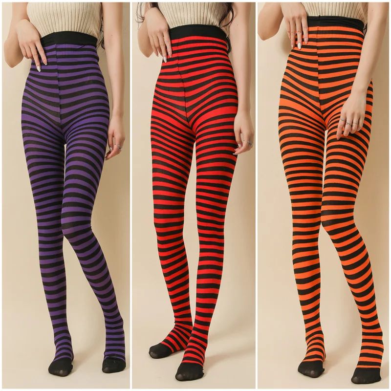 Goth Style Punk Women Striped Pantyhose Rainbow Long Tights