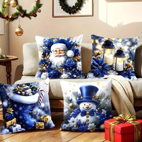 2D Printed Blue Christmas Decorative Pillow Covers, Santa Sn