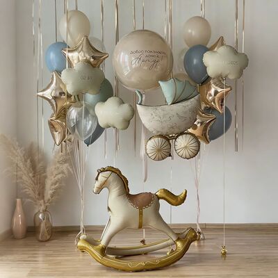 Trojan horse balloons and baby strollers shaped balloons clo