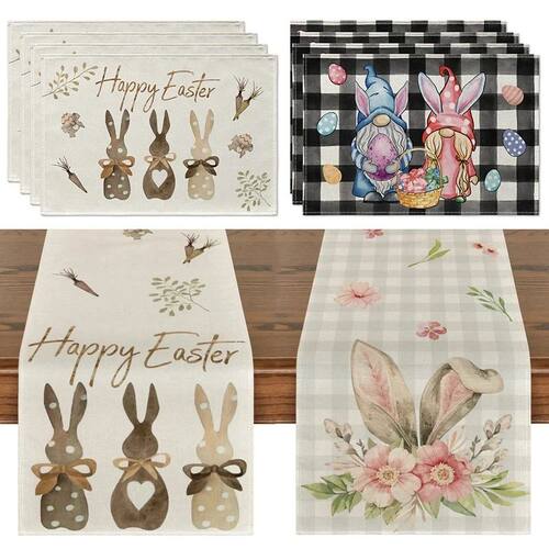 Easter Bunny Table Runner Linen Gnome Eggs Rabbit Dining Tab