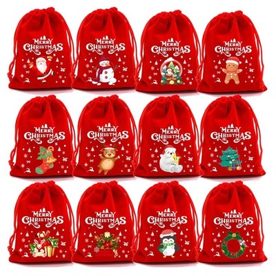 12/24pcs Christmas Lint Gift Bags Drawstring Pouch Party Ret