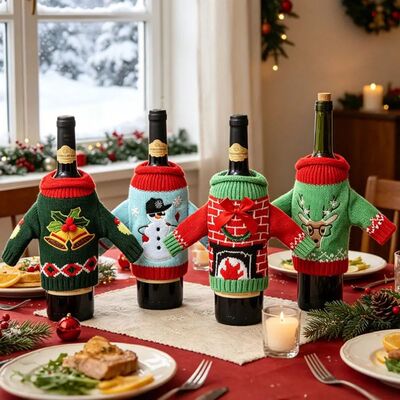 Elk Wine Bottle Cover Snowflake with Mini Santa Hat Christma