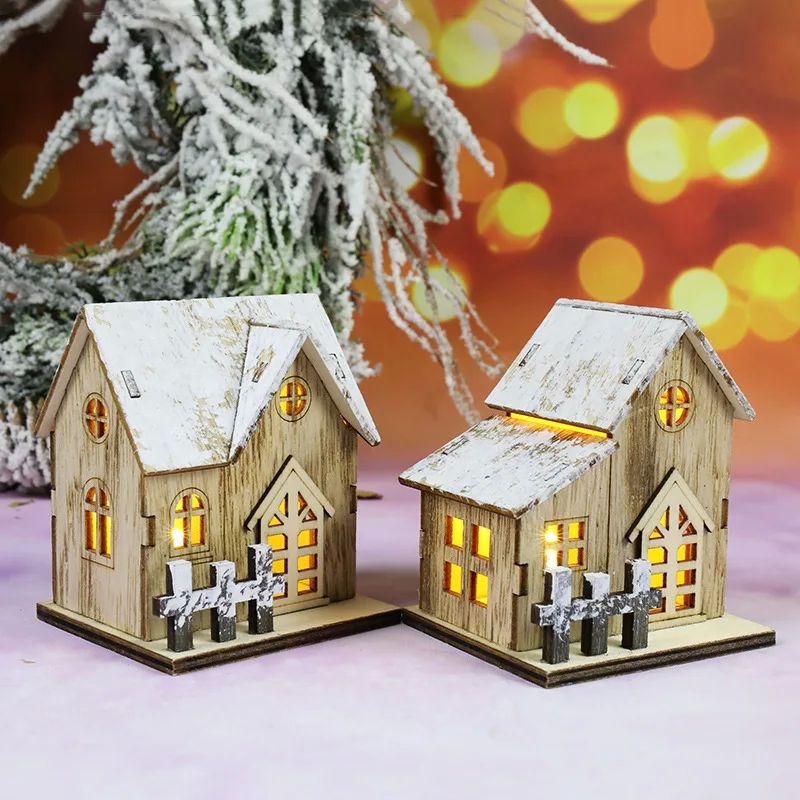 1Pcs Mini Christmas New Decorative Luminous Wooden House Wit