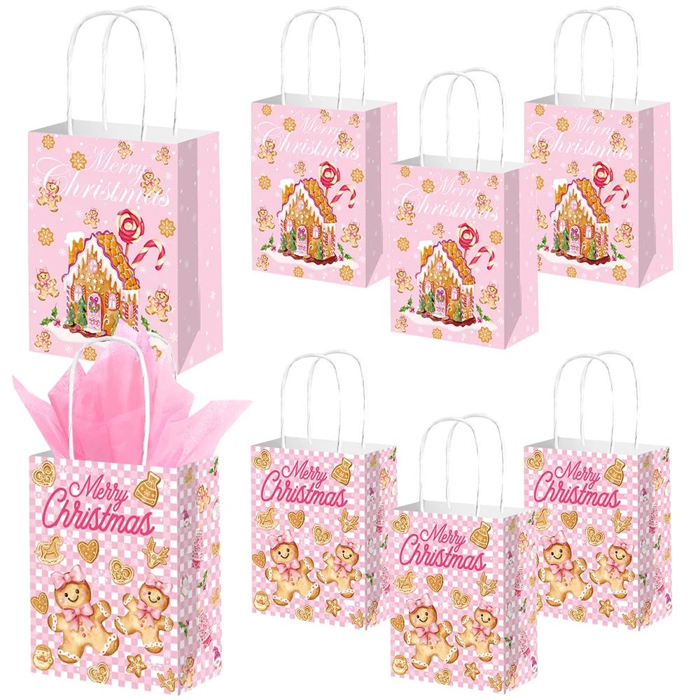 5-40Pcs Pink Christmas Paper Kraft with Handle Gift Bags Sno