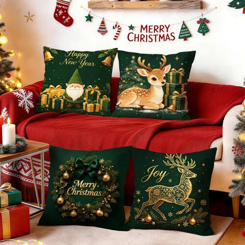 1/4pcs Dark Green Christmas Pattern Cushions Pillowcase Poly