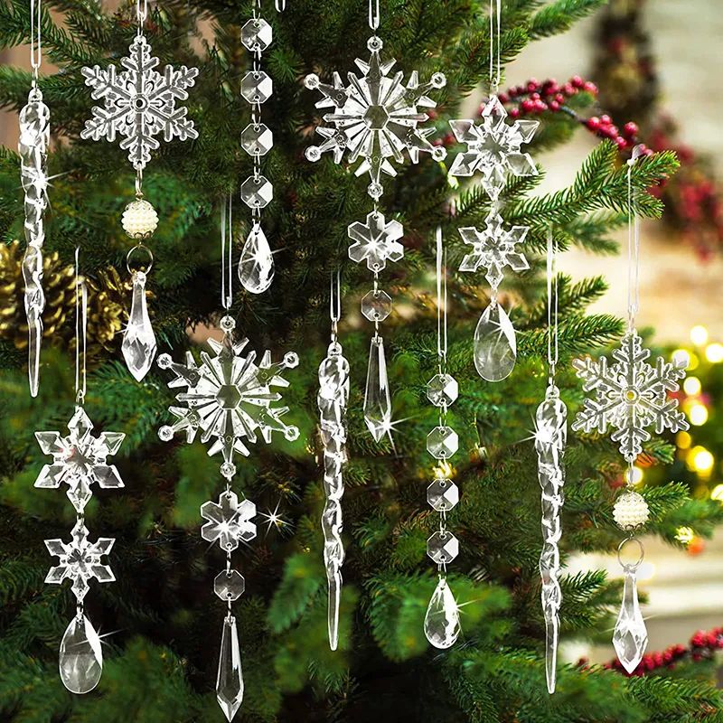 5Pcs Acrylic Snowflake Simulation Ice Pendants Xmas Tree Han