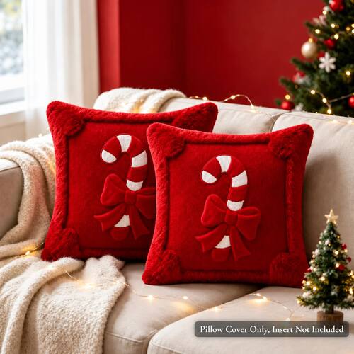 Candy Cane Christmas Throw Pillow Cover, Red Faux Fur Plush?