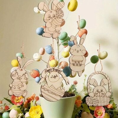12PCS Wooden Rabbit Ornament Carton Egg Bunny Hanging Pendan