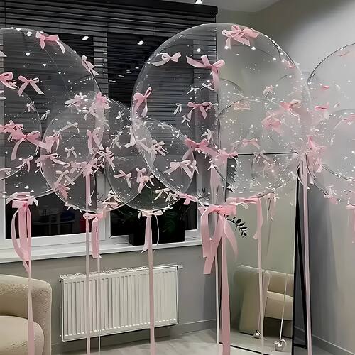 Transparent Bobball Pink Bow Ribbon Latex Balloon Set Bridal