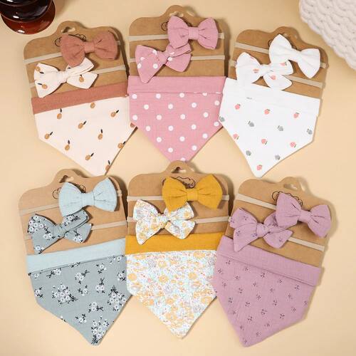 3Pcs/Set Muslin Cotton Print Bib Newborn Bows Headband Trian