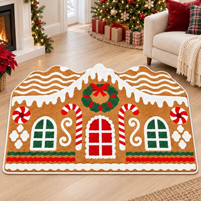 Christmas Gingerbread House Shaped Area Rug, Festive Irregul