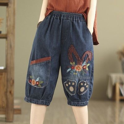 复古贴布刺绣五分牛仔哈伦裤女夏季宽松大码老爹裤休闲显瘦灯笼裤