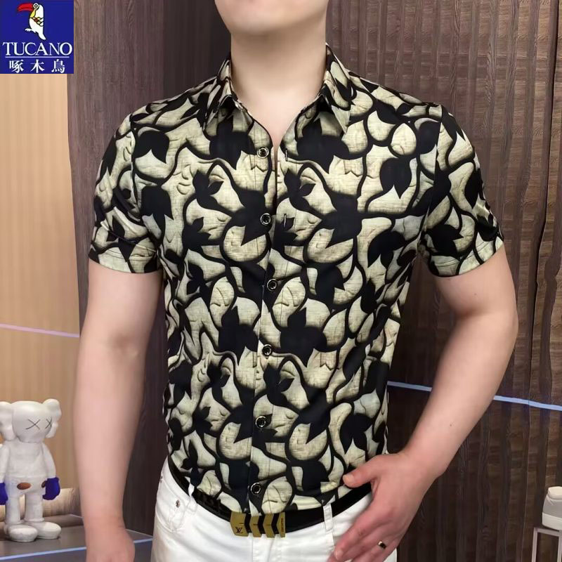 啄木鸟男冰丝印花短袖衬衫翻领