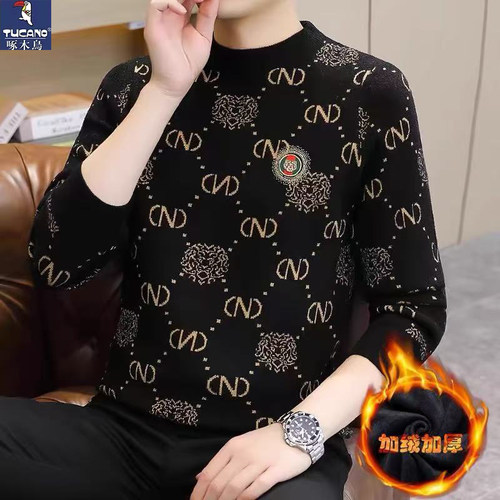 啄木鸟男一体绒毛衣加厚针织衫男