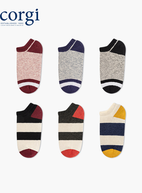 CORGI英国进口男女士纯棉袜子日系条纹拼接浅口薄款全棉船袜