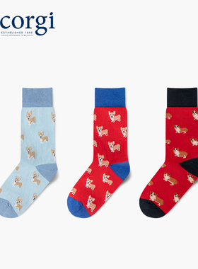CORGI英国进口卡通柯基可爱狗狗时尚印花男女款精梳棉中筒袜子ins