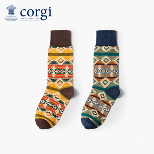 CORGI英国进口情侣袜子女复古印花中筒袜秋冬季款精梳棉袜子