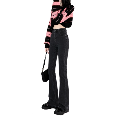 灰色微喇加绒牛仔裤女显瘦喇叭裤