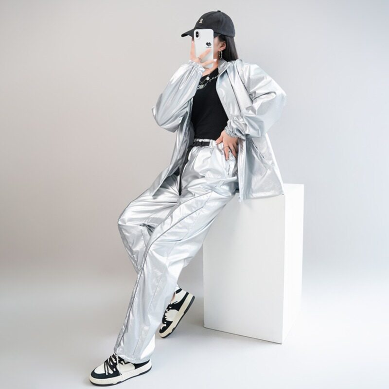 嘻哈爵士舞美式银色外套亮面辣妹皮夹克机车酷帅外套银色裤子套装