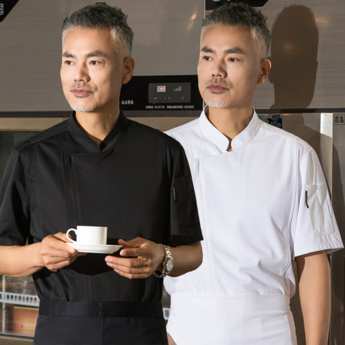 厨师工作服短袖侧拉链酒店餐饮总厨制服男女定制酒店总厨白色工衣
