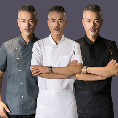 透气厨师工作服男女短袖夏季西餐厨房饭店后厨房工装高档白色薄款