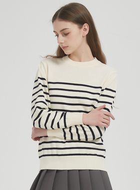 2025春季女士打底衫纯棉条纹薄款圆领针织套衫春秋女装上衣内搭