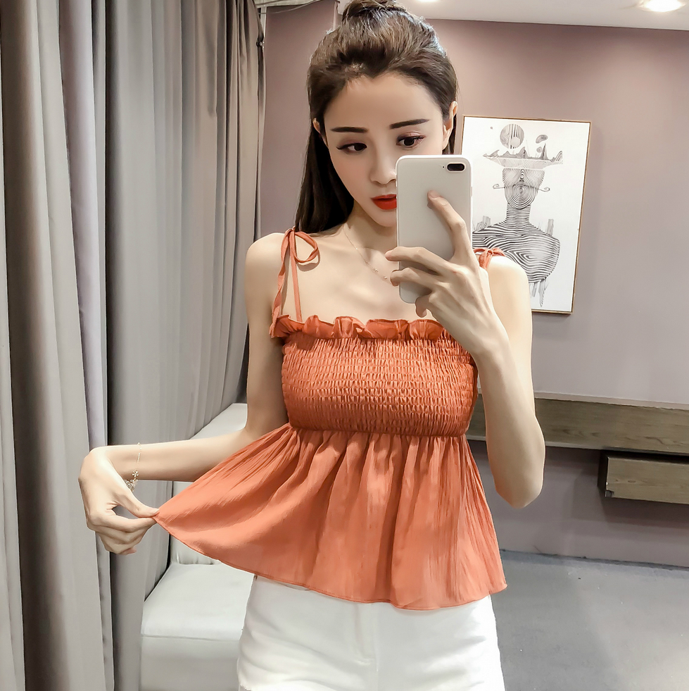 蘑菇街女装特卖2018夏装新款百搭修身无袖一字领套头雪纺吊带上衣