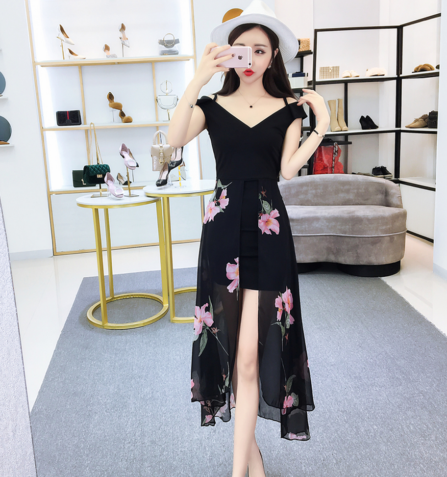 23-24-26岁XS小个子150cm显高女装吊带v领拼接雪纺包臀18岁-20岁
