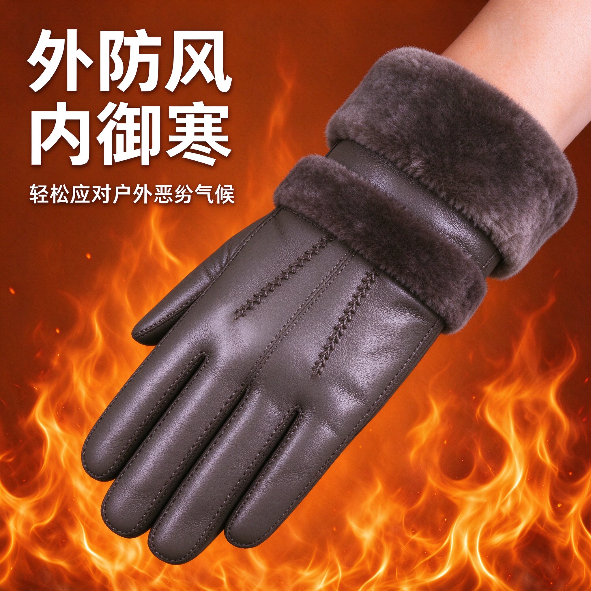 皮毛一体羊皮手套羊毛内胆男女强抗风寒加绒冬季户外保暖真皮手套