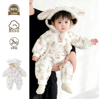 婴儿连体衣羽绒服轻薄型婴儿冬装女宝宝连体衣加绒加厚外出羽绒服