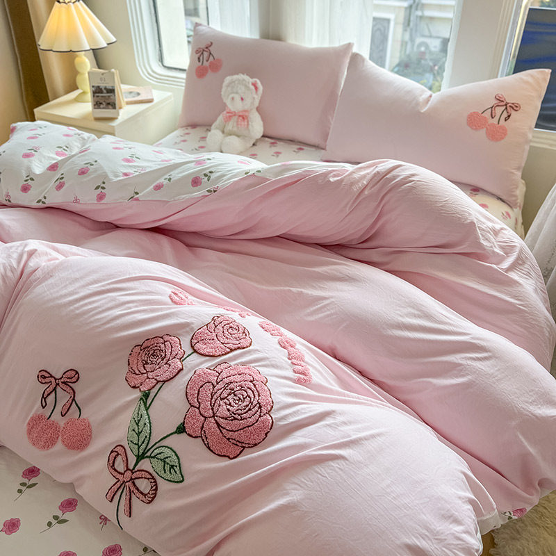 ins少女粉色玫瑰花毛巾绣全棉水洗棉床上四件套纯棉小碎花三件套