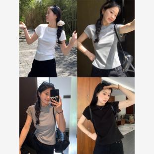 小胸友好组 基础百搭显瘦上衣 3色正肩T女纯色圆领短袖 辣妹ins短款