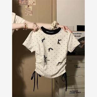 2024新款 爆款 t恤女夏季 辣妹蝴蝶结波点短款 显瘦正肩上衣 抽绳短袖