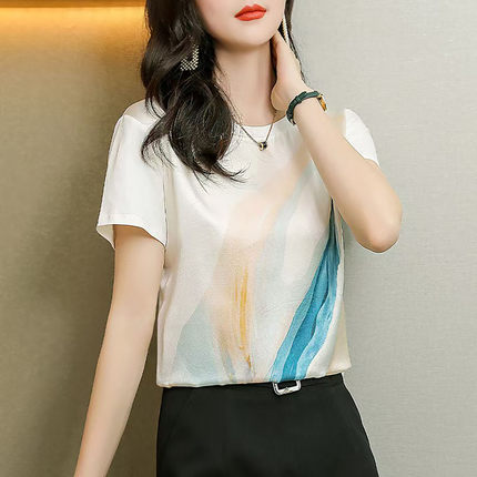 杭州真丝蚕桑丝上衣小个子正肩女t恤短袖2026年妈妈洋气夏装衣服