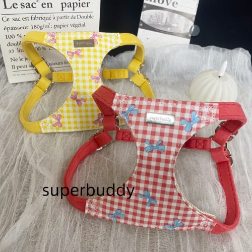 Superbuddy蝴蝶结格子韩系狗狗牵引绳小型犬遛狗绳背心式胸背带