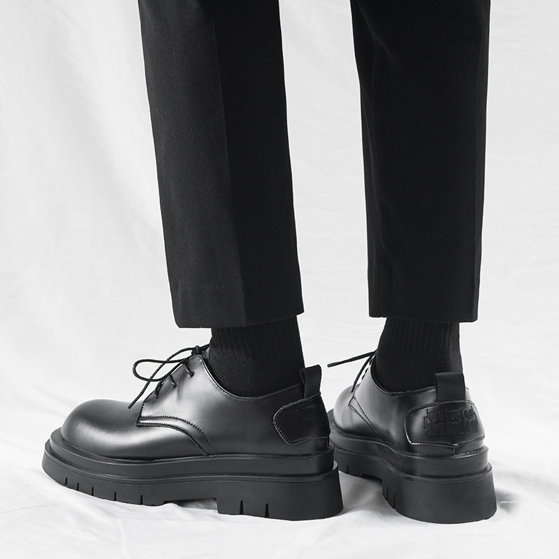 黑色德比鞋男款厚底增高工装鞋cleanfit英伦大头圆头通勤休闲皮鞋