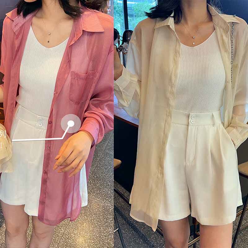 防晒衬衫小吊带短裤套装2023夏季新款薄款百搭简约上衣短裤内搭女