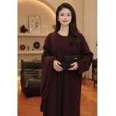 THE 纯色针织打底连衣裙 绵羊毛圆领长袖 MENG 紫韵