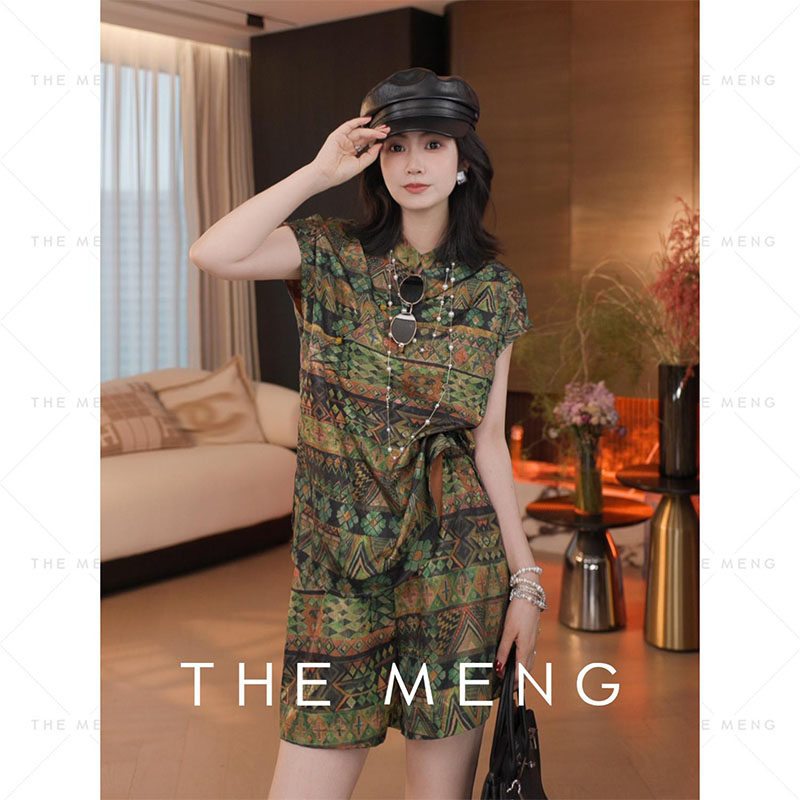THE MENG【绿野仙踪】新中式国风植物印染提花T恤短裤套装女夏季