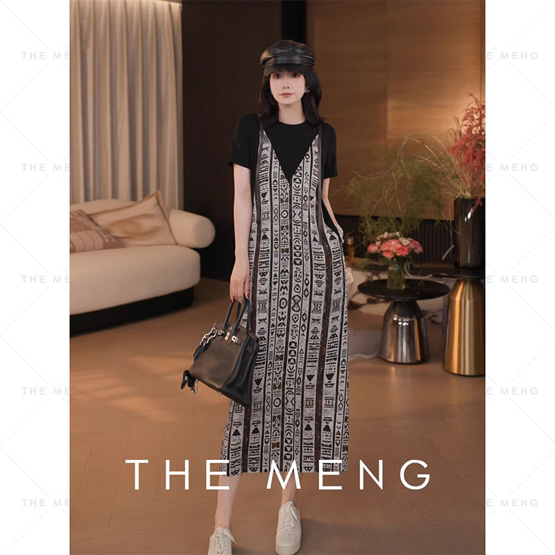 THE MENG【漫舞】天丝冰爽感几何图印花显瘦休闲假两件连衣裙女夏