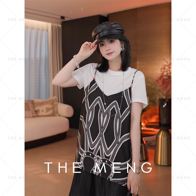 THE MENG【霞光】精梳棉通勤吊带印花时尚设计感休闲短袖T恤女夏
