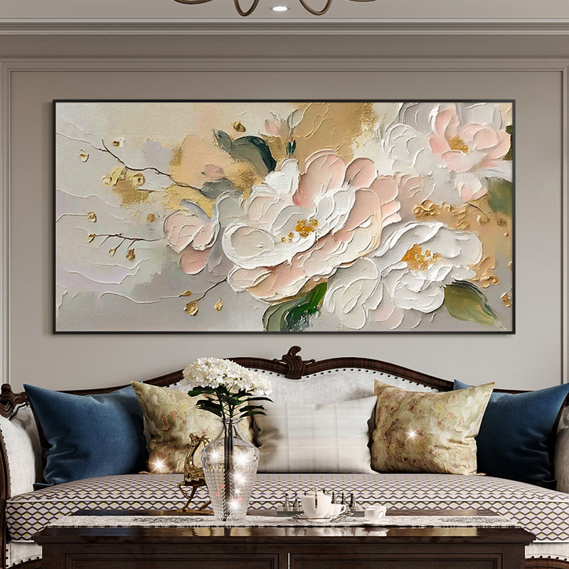 牡丹手绘油画奶油风花卉装饰画肌理轻奢客厅壁画横版卧室花卉挂画图片