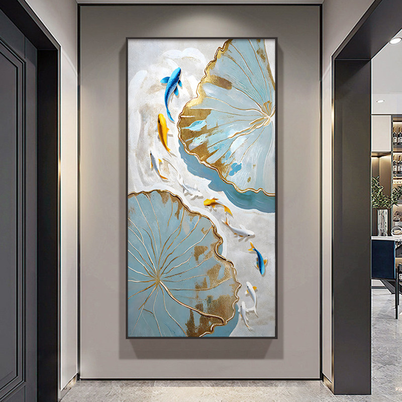 新中式蓝色荷花九鱼图手工纯手绘油画玄关装饰画玄关过道壁画挂画