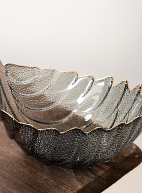 创意透明描金淡绿色浮雕玻璃羽毛果盆果盘收纳篮复古家用餐厅法式