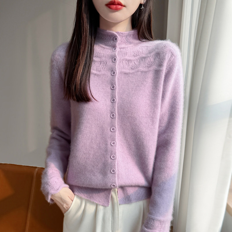 半高领镂空勾花针织羊毛开衫女显瘦羊绒毛衣外套洋气上衣新款春装,女装/女士精品,毛针织衫,淘宝优惠券,粉丝福利购,淘宝优惠卷