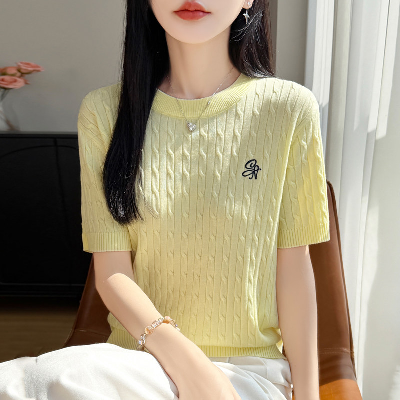 小个子黄色麻花针织短袖T恤女图片